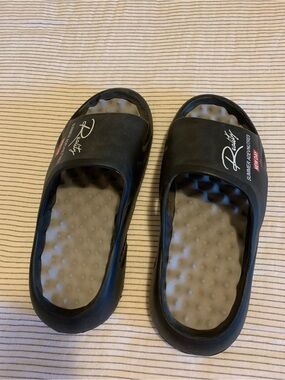 Black Slide Sandals with Gray Textured Footbeds
